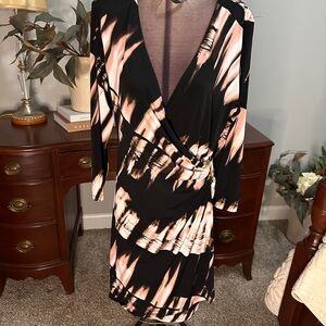 Calvin Klein Black and Pink Patterned Long Sleeve Dress